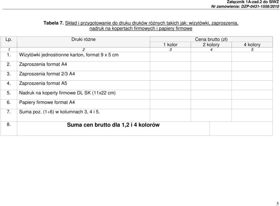 firmowe Druki róŝne Cena brutto (zł) 1 kolor 2 kolory 4 kolory 1 2 3 4 5 1.