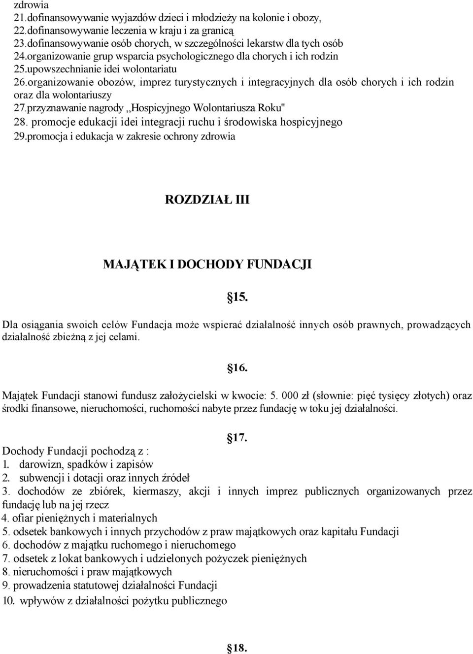 organizowanie obozów, imprez turystycznych i integracyjnych dla osób chorych i ich rodzin oraz dla wolontariuszy 27.przyznawanie nagrody Hospicyjnego Wolontariusza Roku" 28.