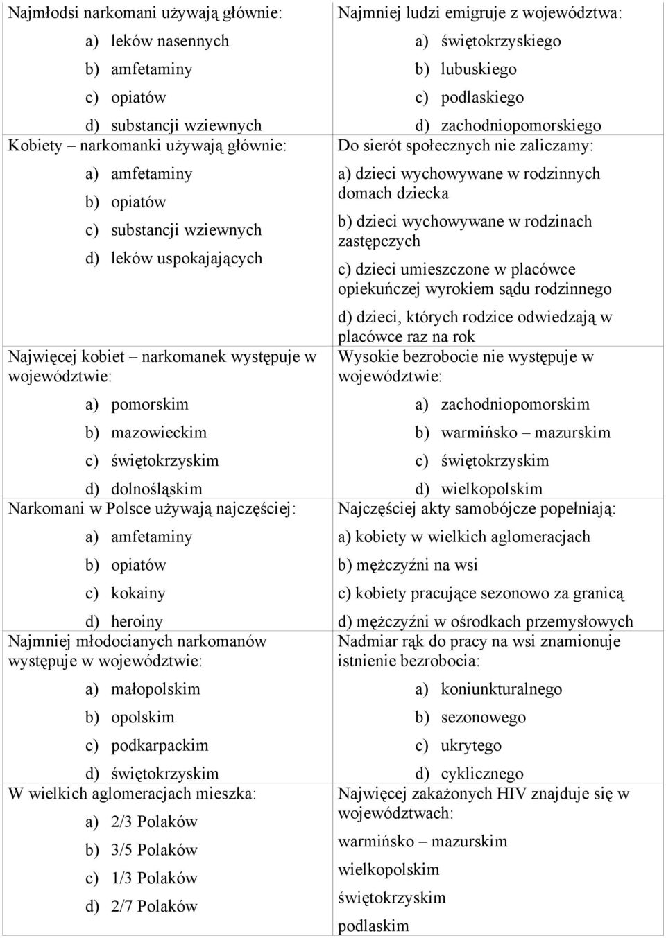 heroiny Najmniej młodocianych narkomanów występuje w a) małopolskim b) opolskim c) podkarpackim d) świętokrzyskim W wielkich aglomeracjach mieszka: a) 2/3 Polaków b) 3/5 Polaków c) /3 Polaków d) 2/7