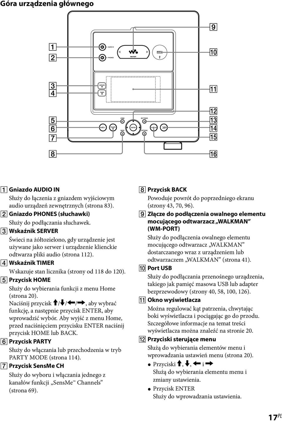 Przycisk HOME Służy do wybierania funkcji z menu Home (strona 20). Naciśnij przycisk / / /, aby wybrać funkcję, a następnie przycisk ENTER, aby wprowadzić wybór.