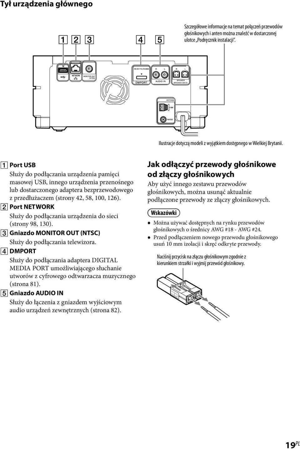Port USB Służy do podłączania urządzenia pamięci masowej USB, innego urządzenia przenośnego lub dostarczonego adaptera bezprzewodowego z przedłużaczem (strony 42, 58, 100, 126).
