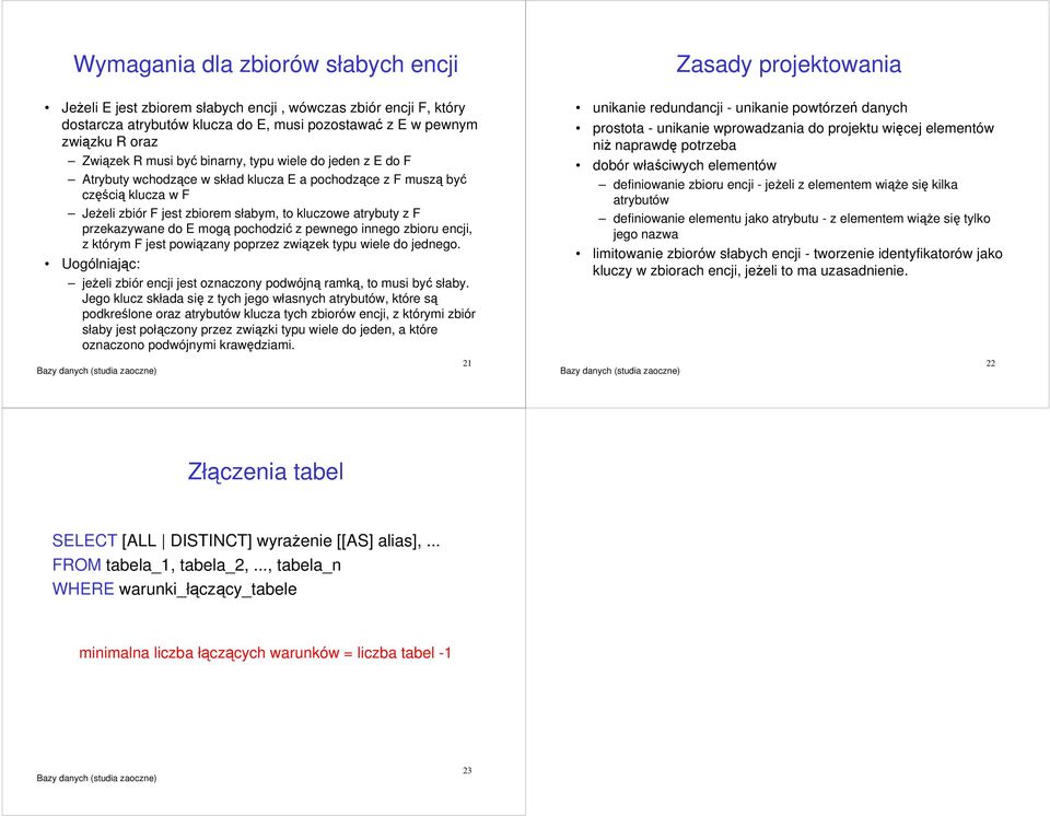 E mog pochodzi z pewnego innego zbioru encji, z którym F jest powizany poprzez zwizek typu wiele do jednego. Uogólniajc: jeeli zbiór encji jest oznaczony podwójn ramk, to musi by słaby.