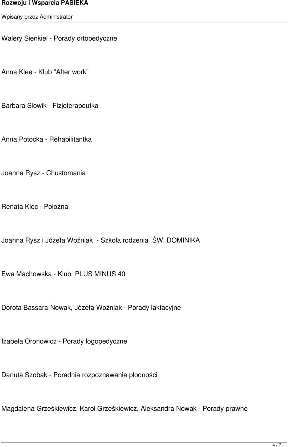DOMINIKA Ewa Machowska - Klub PLUS MINUS 40 Dorota Bassara-Nowak, Józefa Woźniak - Porady laktacyjne Izabela Oronowicz -