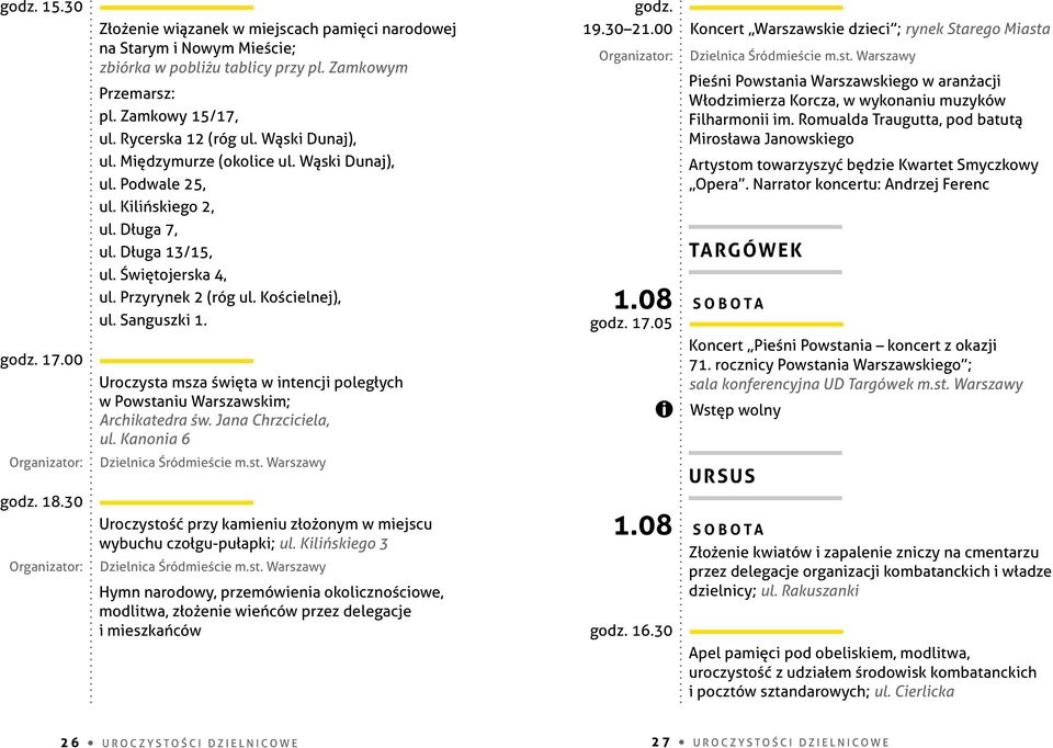 Kościelnej), ul. Sanguszki 1. Uroczysta msza święta w intencji poległych w Powstaniu Warszawskim; Archikatedra św. Jana Chrzciciela, ul. Kanonia 6 Dzielnica Śródmieście m.st. Warszawy Uroczystość przy kamieniu złożonym w miejscu wybuchu czołgu-pułapki; ul.