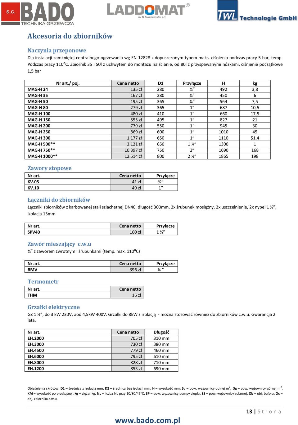 D1 Przyłącze H kg MAG-H 24 135 zł 280 ¾ 492 3,8 MAG-H 35 167 zł 280 ¾ 450 6 MAG-H 50 195 zł 365 ¾ 564 7,5 MAG-H 80 279 zł 365 1 687 10,5 MAG-H 100 480 zł 410 1 660 17,5 MAG-H 150 555 zł 495 1 827 21