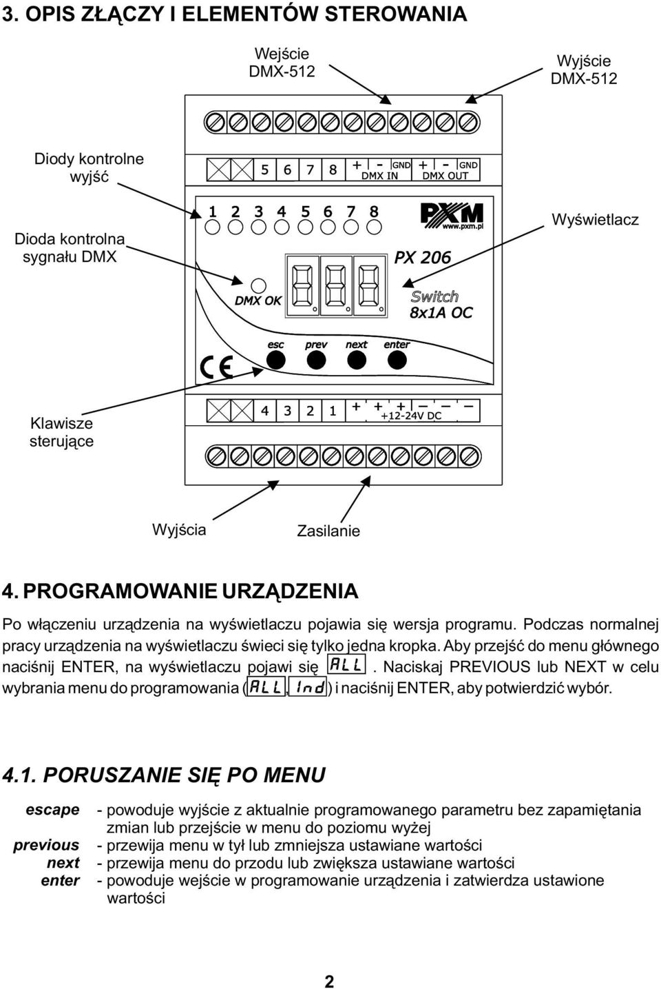 Aby przejść do menu głównego naciśnij ENTER, na wyświetlaczu pojawi się. Naciskaj PREVIOUS lub NEXT w celu wybrania menu do programowania (, ) i naciśnij ENTER, aby potwierdzić wybór. 4.1.