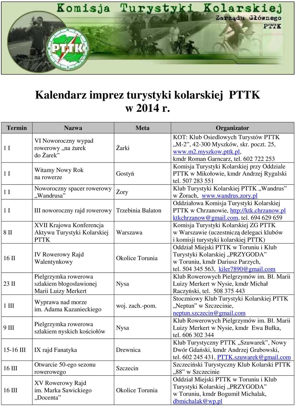 rowerowy Trzebinia Balaton 8 II 16 II 23 II 1 III 9 III XVII Krajowa Konferencja Aktywu Turystyki Kolarskiej PTTK IV Rowerowy Rajd Walentynkowy szlakiem błogosławionej Marii Luizy Merkert Wyprawa nad