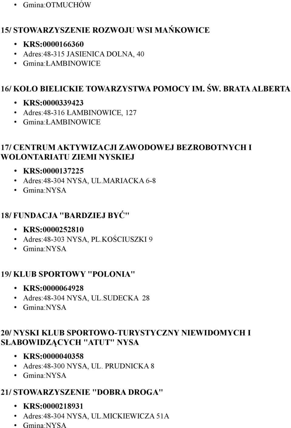 NYSA, UL.MARIACKA 6-8 18/ FUNDACJA "BARDZIEJ BYĆ" KRS:0000252810 Adres:48-303 NYSA, PL.KOŚCIUSZKI 9 19/ KLUB SPORTOWY "POLONIA" KRS:0000064928 Adres:48-304 NYSA, UL.