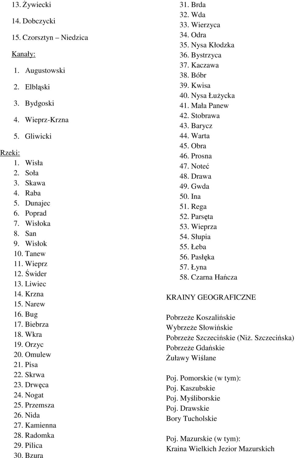 Kamienna 28. Radomka 29. Pilica 30. Bzura 31. Brda 32. Wda 33. Wierzyca 34. Odra 35. Nysa Kłodzka 36. Bystrzyca 37. Kaczawa 38. Bóbr 39. Kwisa 40. Nysa ŁuŜycka 41. Mała Panew 42. Stobrawa 43.