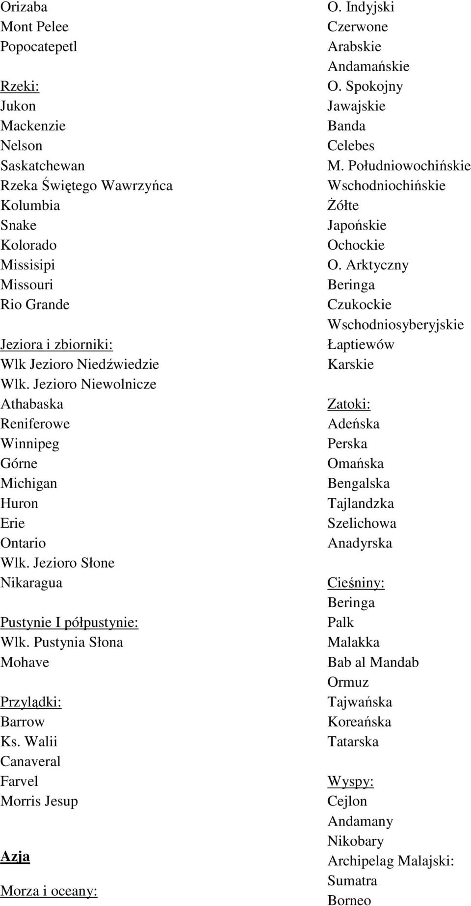 Walii Canaveral Farvel Morris Jesup Azja O. Indyjski Czerwone Arabskie Andamańskie O. Spokojny Jawajskie Banda Celebes M. Południowochińskie Wschodniochińskie śółte Japońskie Ochockie O.