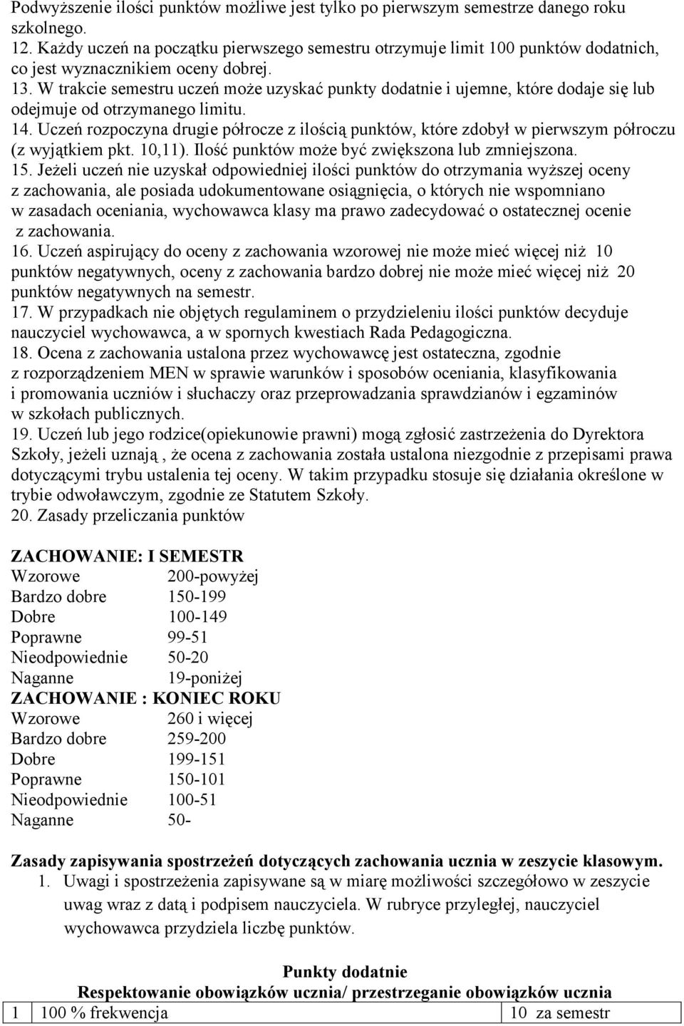 W trakcie semestru uczeń może uzyskać punkty dodatnie i ujemne, które dodaje się lub odejmuje od otrzymanego limitu. 14.