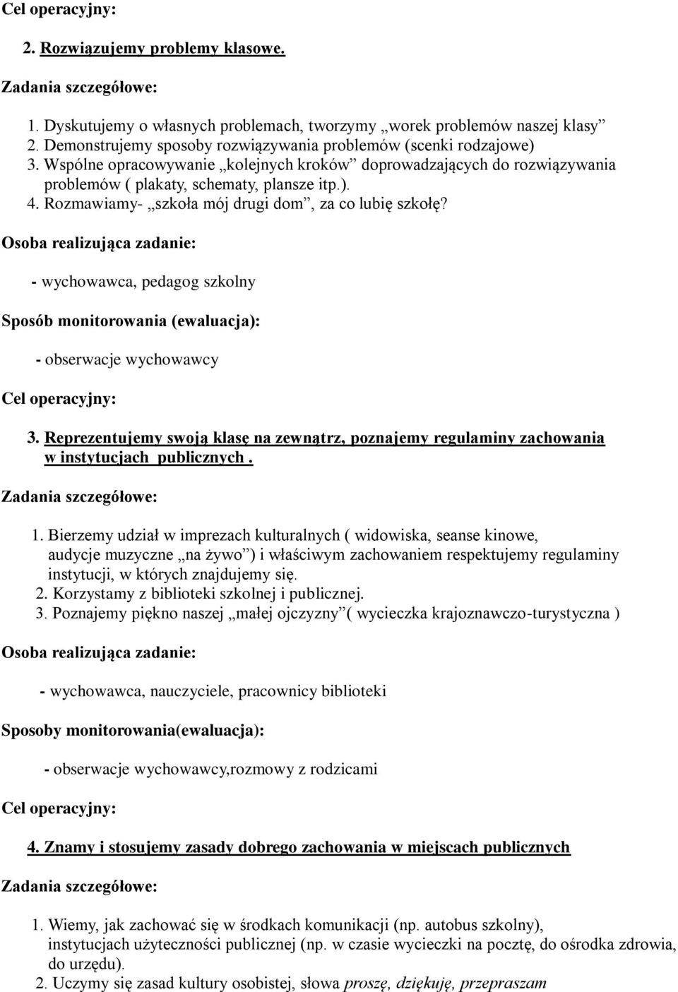 - wychowawca, pedagog szkolny - obserwacje wychowawcy 3. Reprezentujemy swoją klasę na zewnątrz, poznajemy regulaminy zachowania w instytucjach publicznych. 1.