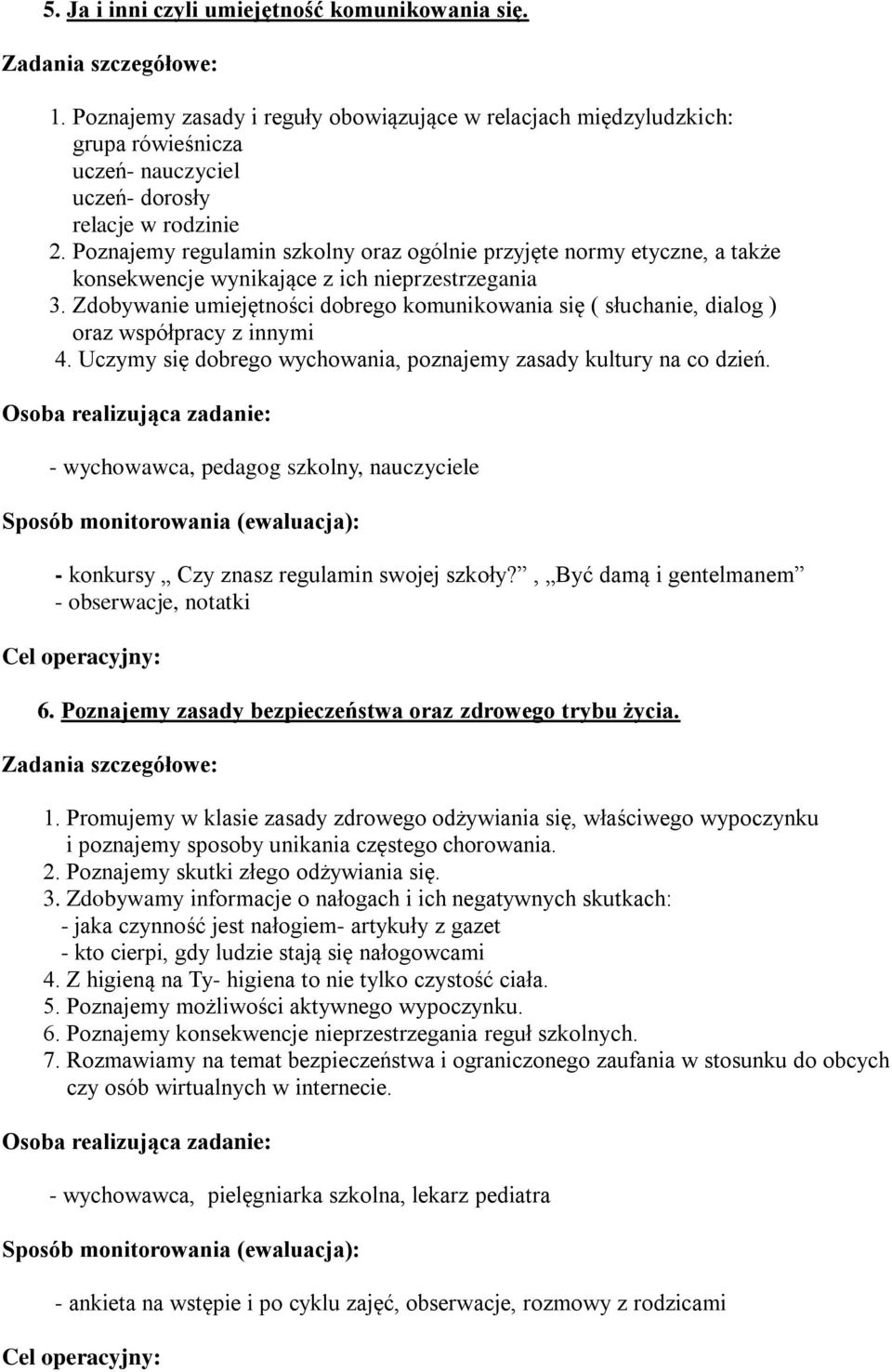 Zdobywanie umiejętności dobrego komunikowania się ( słuchanie, dialog ) oraz współpracy z innymi 4. Uczymy się dobrego wychowania, poznajemy zasady kultury na co dzień.