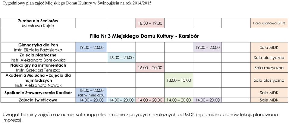 00 15.00 Sala plastyczna Spotkanie Stowarzyszenia Karsibór 18.00 20.00 Sale MDK Zajęcia świetlicowe 14.00 20.00 14.00 20.00 14.00 20.00 14.00 20.00 14.00 20.00 Sale MDK Uwaga!