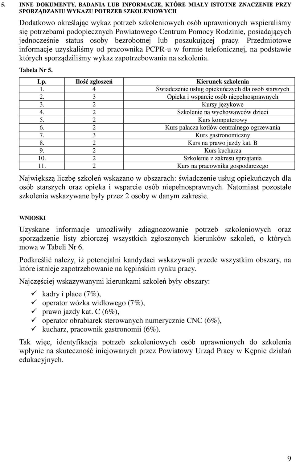 Przedmiotowe informacje uzyskaliśmy od pracownika PCPR-u w formie telefonicznej, na podstawie których sporządziliśmy wykaz zapotrzebowania na szkolenia. Tabela Nr 5. Lp.