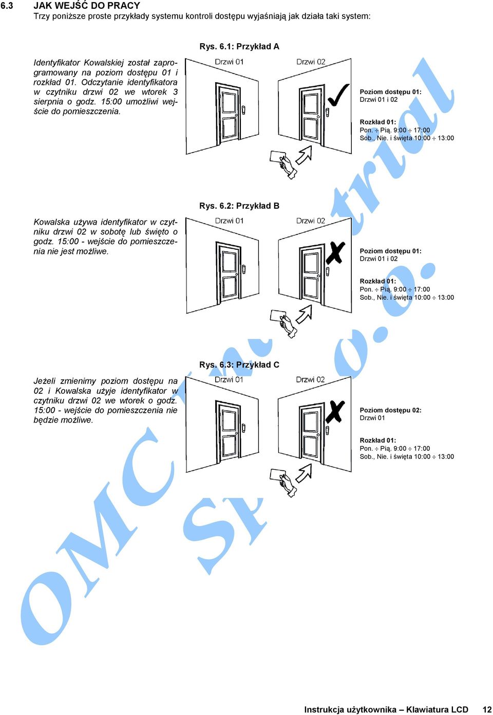 15:00 umożliwi wejście do pomieszczenia. Poziom dostępu 01: Drzwi 01 i 02 Rozkład 01: Pon. Pią. 9:00 17:00 Sob., Nie. i święta 10:00 13:00 Rys. 6.