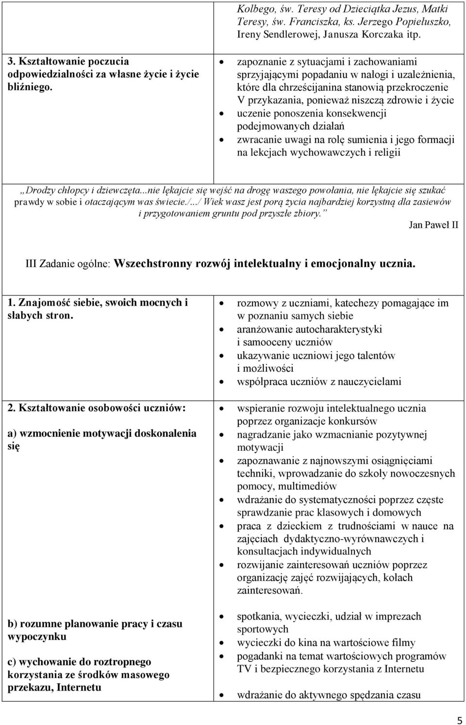 zapoznanie z sytuacjami i zachowaniami sprzyjającymi popadaniu w nałogi i uzależnienia, które dla chrześcijanina stanowią przekroczenie V przykazania, ponieważ niszczą zdrowie i życie uczenie