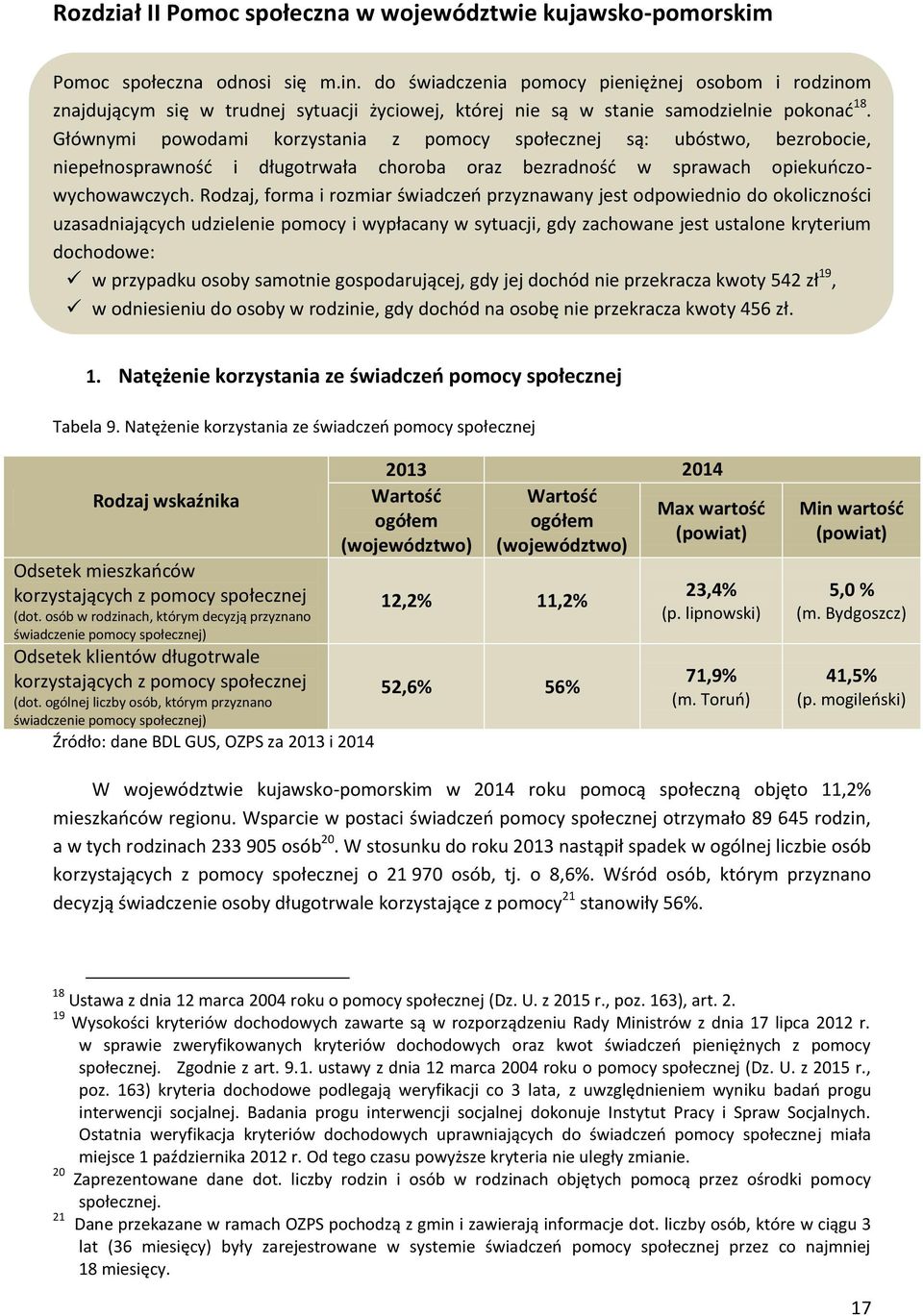 Głównymi powodami korzystania z pomocy społecznej są: ubóstwo, bezrobocie, niepełnosprawność i długotrwała choroba oraz bezradność w sprawach opiekuńczowychowawczych.