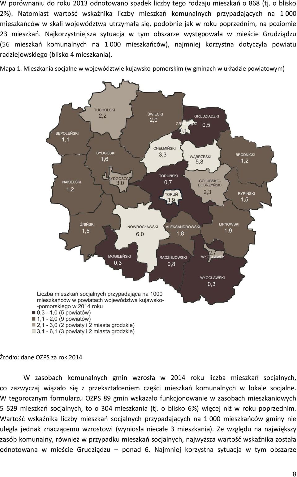 Najkorzystniejsza sytuacja w tym obszarze występowała w mieście Grudziądzu (56 mieszkań komunalnych na 1 000 mieszkańców), najmniej korzystna dotyczyła powiatu radziejowskiego (blisko 4 mieszkania).