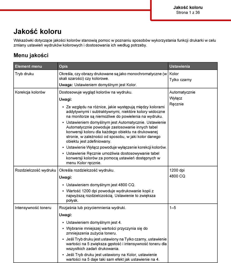 Uwaga: Ustawieniem domyślnym jest Kolor. Kolor Tylko czarny Korekcja kolorów Dostosowuje wygląd kolorów na wydruku.