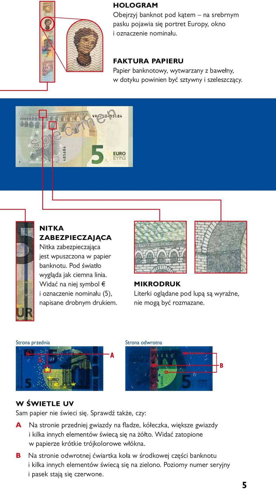 MIKRODRUK Literki oglądane pod lupą są wyraźne, nie mogą być rozmazane. Strona przednia A Strona odwrotna B W ŚWIETLE UV Sam papier nie świeci się.