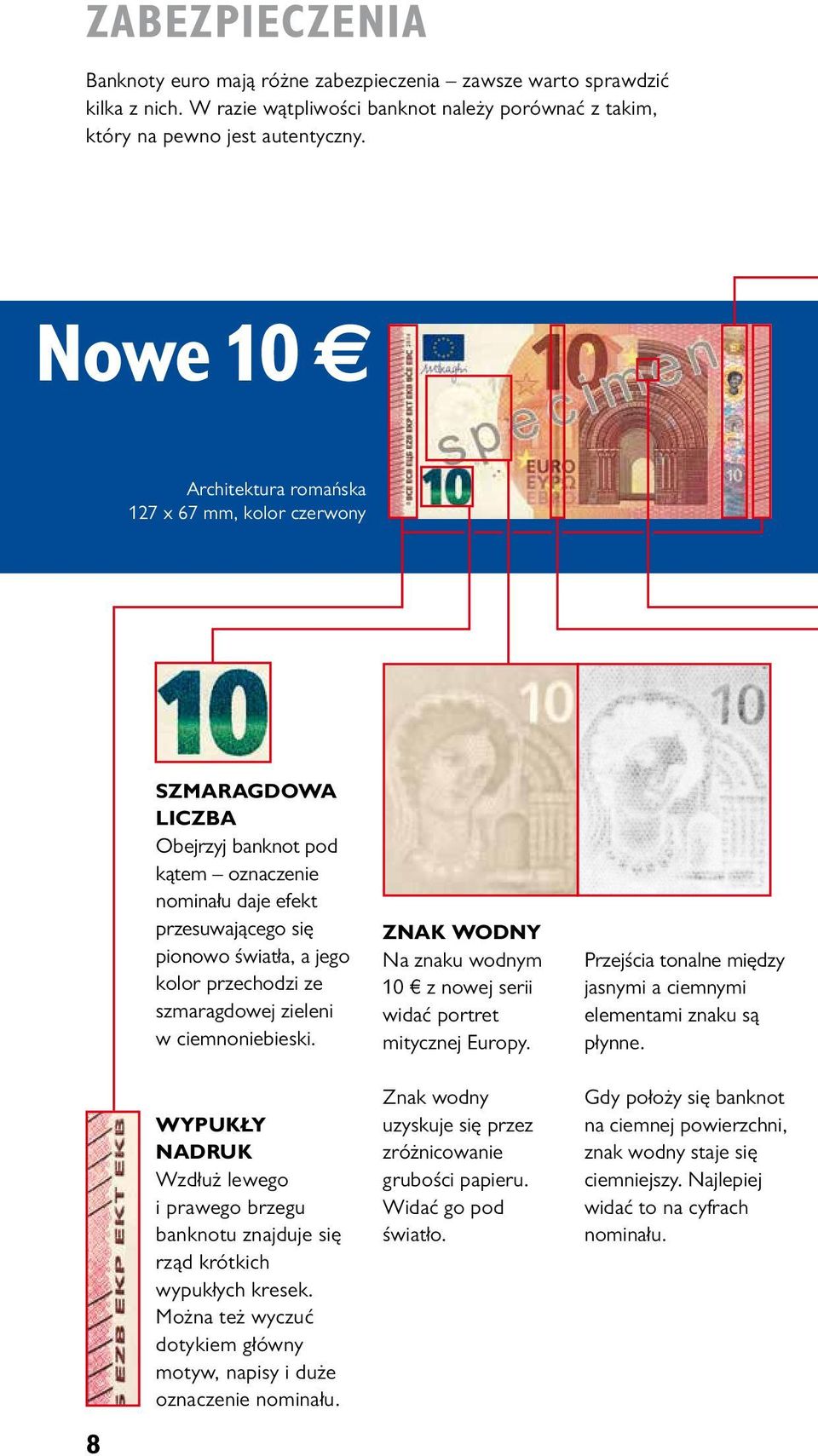 szmaragdowej zieleni w ciemnoniebieski. WYPUKŁY NADRUK Wzdłuż lewego i prawego brzegu banknotu znajduje się rząd krótkich wypukłych kresek.