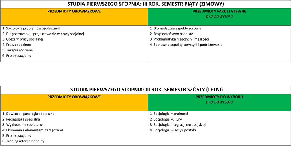 Społeczne aspekty turystyki i podróżowania STUDIA PIERWSZEGO STOPNIA: III ROK, SEMESTR SZÓSTY (LETNI) PRZEDMIOTY DO WYBORU 1. Dewiacja i patologia społeczna 2. Pedagogika specjalna 3.