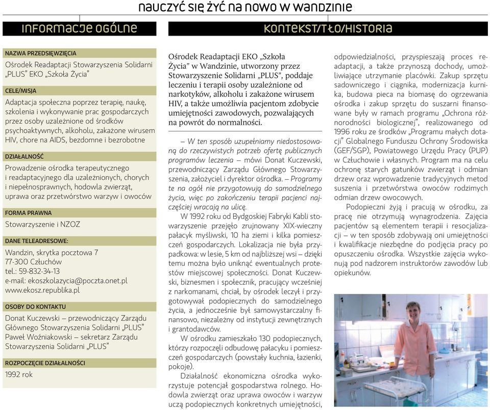 terapeutycznego i readaptacyjnego dla uzależnionych, chorych i niepełnosprawnych, hodowla zwierząt, uprawa oraz przetwórstwo warzyw i owoców Forma prawna Stowarzyszenie i NZOZ Dane teleadresowe: