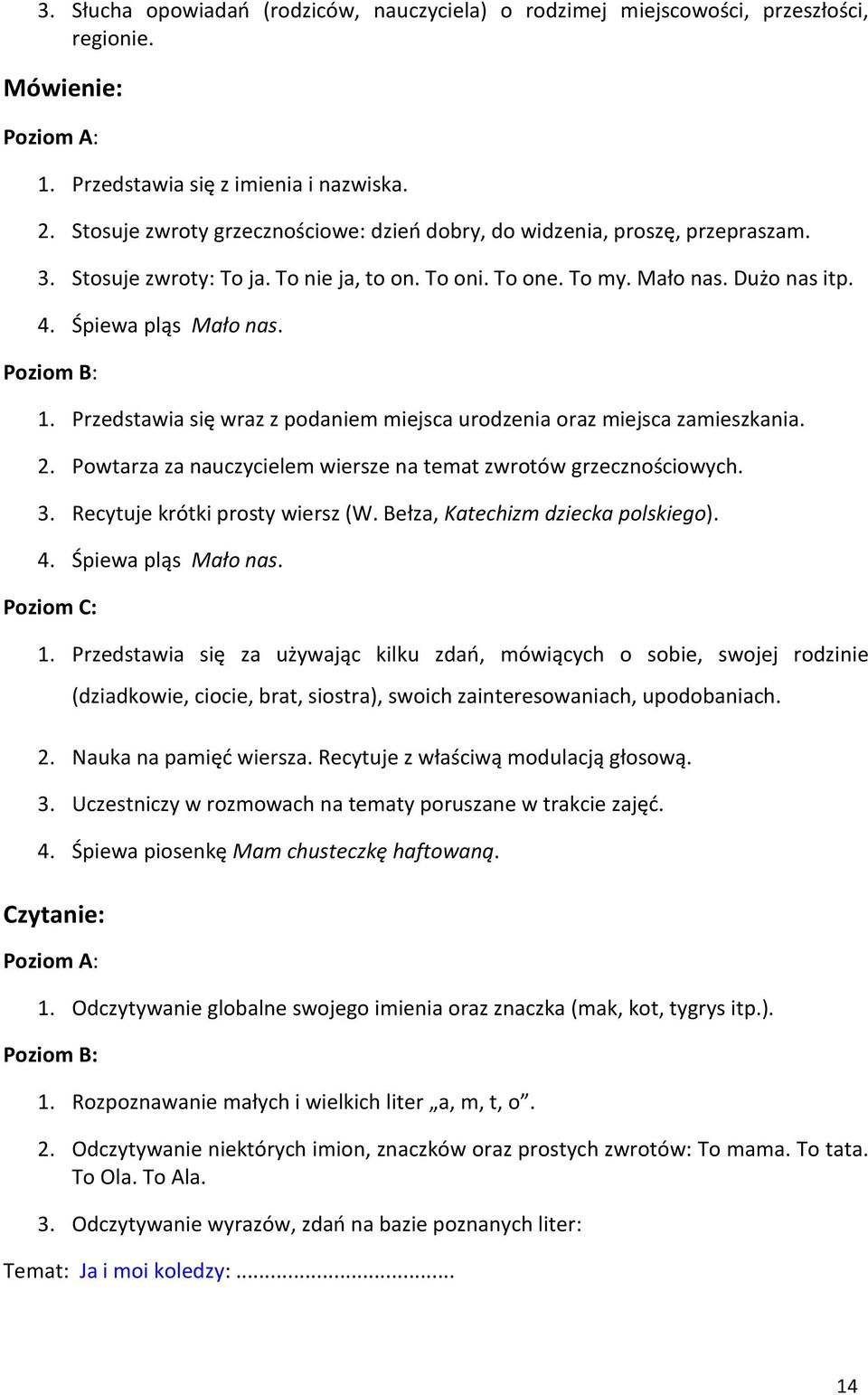 Poziom B: 1. Przedstawia się wraz z podaniem miejsca urodzenia oraz miejsca zamieszkania. 2. Powtarza za nauczycielem wiersze na temat zwrotów grzecznościowych. 3. Recytuje krótki prosty wiersz (W.