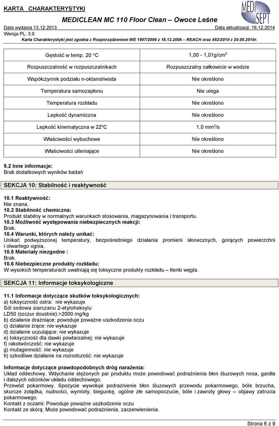 ulega Lepkość kinematyczna w 22 o C 1,0 mm 2 /s Właściwości wybuchowe Właściwości utleniające 9.2 Inne informacje: Brak dodatkowych wyników badań SEKCJA 10: Stabilność i reaktywność 10.