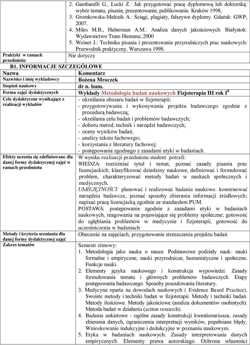 : Technika pisania i prezentowania przyrodniczych prac naukowych: Przewodnik praktyczny. Warszawa 1998. Praktyki w ramach Nie dotyczy przedmiotu B1.