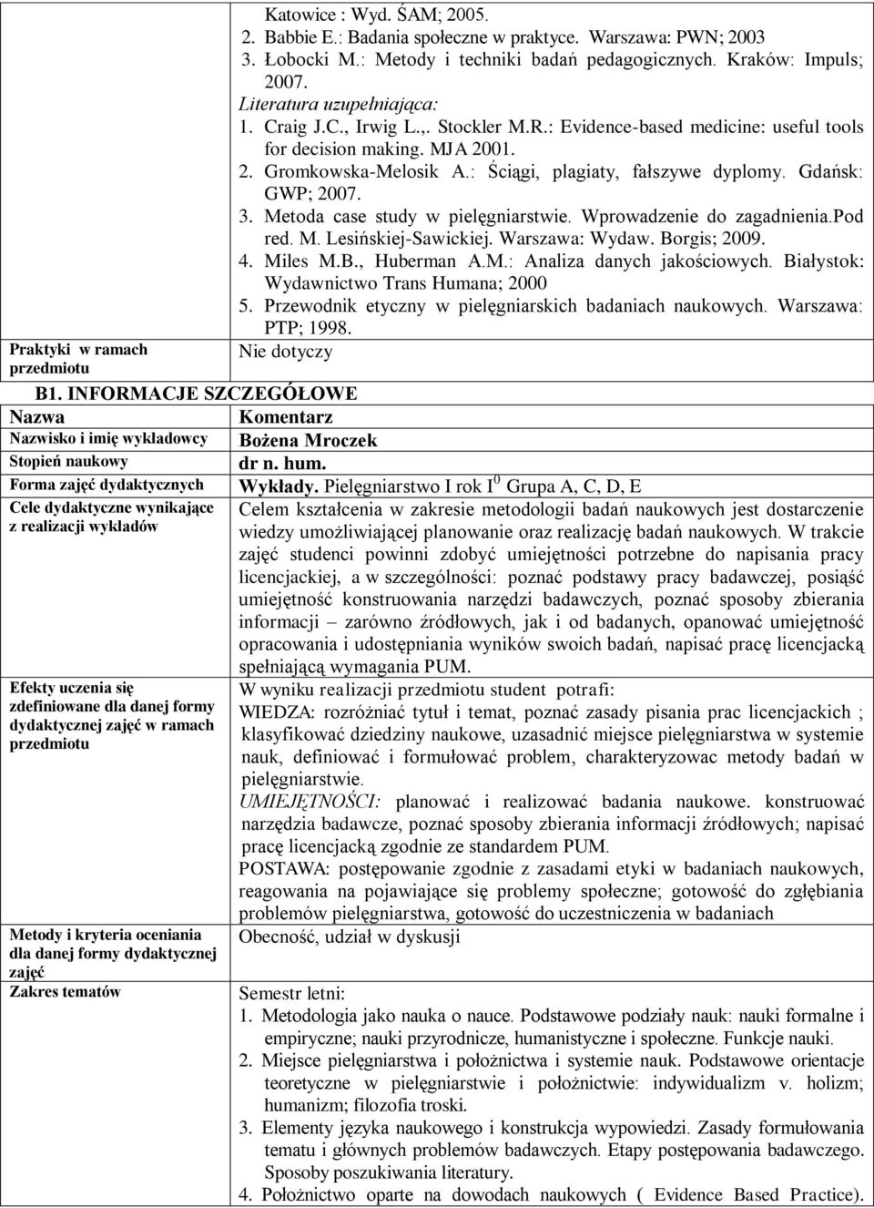 Metoda case study w pielęgniarstwie. Wprowadzenie do zagadnienia.pod red. M. Lesińskiej-Sawickiej. Warszawa: Wydaw. Borgis; 2009. 4. Miles M.B., Huberman A.M.: Analiza danych jakościowych.