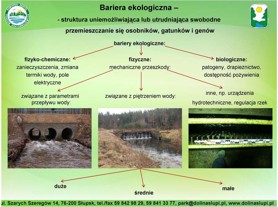 związane z parametrami przepływu wody: fizyczne: mechaniczne przeszkody: związane z piętrzeniem wody: