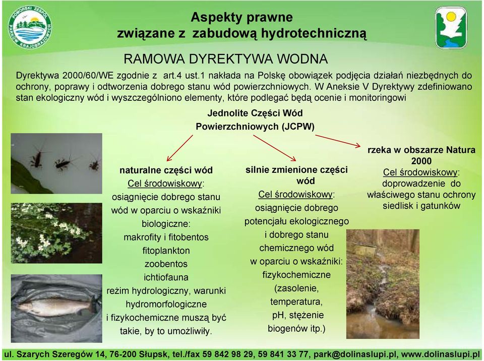 W Aneksie V Dyrektywy zdefiniowano stan ekologiczny wód i wyszczególniono elementy, które podlegać będą ocenie i monitoringowi Jednolite Części Wód Powierzchniowych (JCPW) naturalne części wód Cel