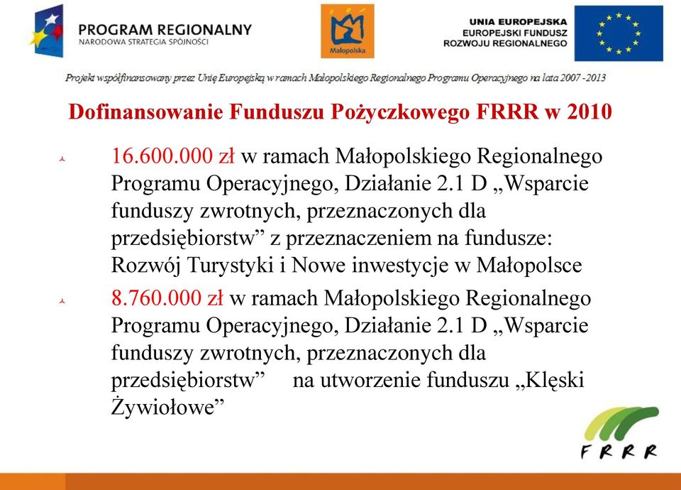 1 D Wsparcie funduszy zwrotnych, przeznaczonych dla przedsiębiorstw z przeznaczeniem na fundusze: Rozwój Turystyki i