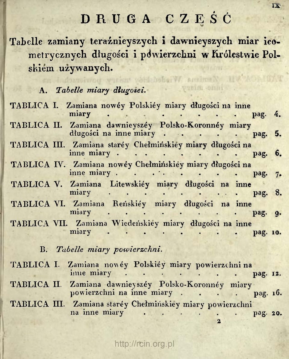 Zamiana staréy Chełmińskiey miary długości na inne miary pag.. Zamiana nowéy Chełmińskiey miary długości na inne miary... ' pag. y, TABLICA Y. Zamiana Litewskiéy miary długości na inne miary......... pag.. TABLICA VI.