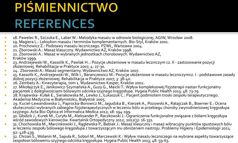 Wydawnictwo AZ, Kraków 1999. 23. Andrzejewski W., Kassolik K., Pawlak H..: Pozycje ułożeniowe w masażu leczniczym cz. II - zastosowanie pozycji złożeniowej. Rehabilitacja w Praktyce 2007; 4: 27-30.