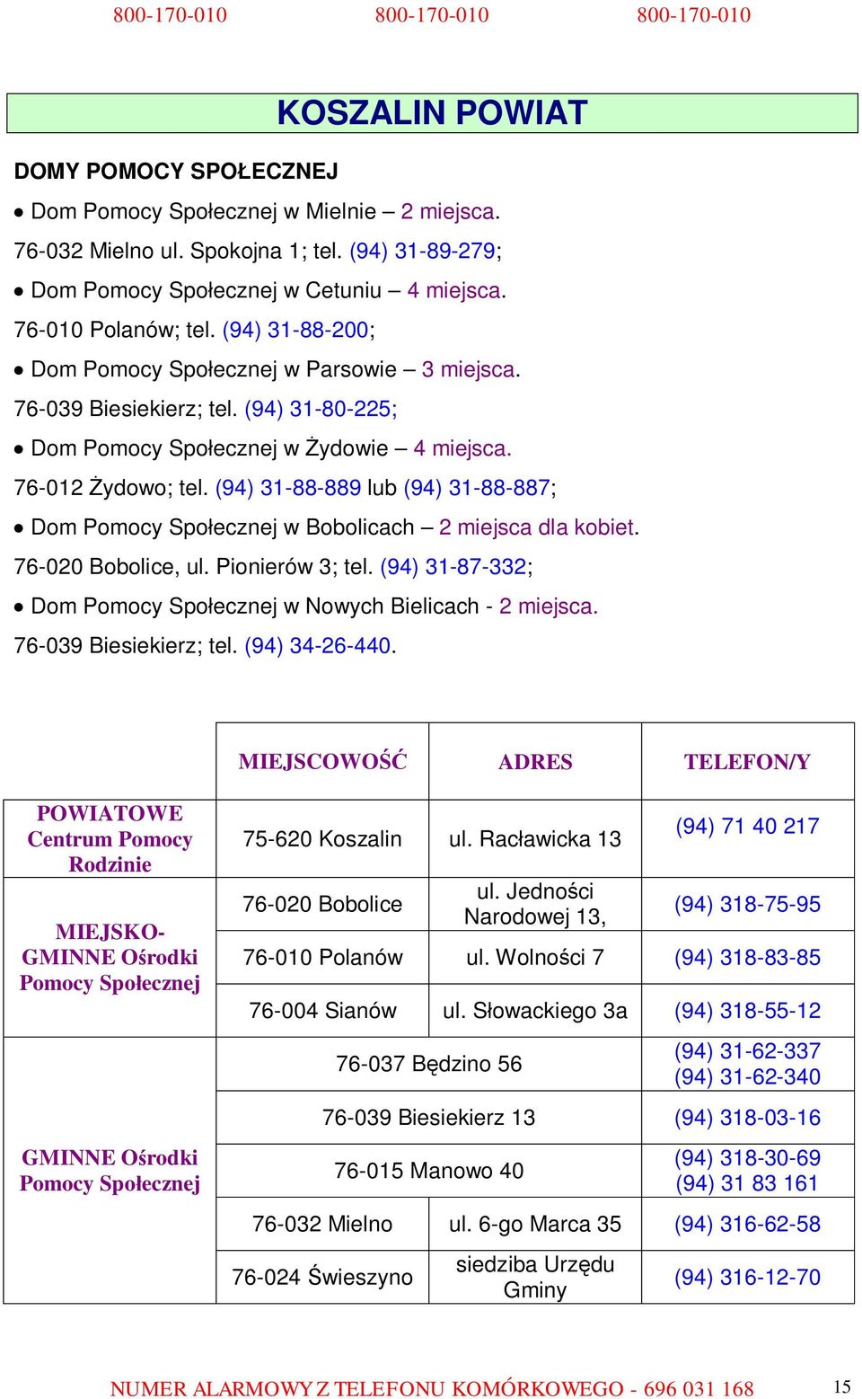 (94) 31-88-889 lub (94) 31-88-887; Dom w Bobolicach 2 miejsca dla kobiet. 76-020 Bobolice, ul. Pionierów 3; tel. (94) 31-87-332; Dom w Nowych Bielicach - 2 miejsca. 76-039 Biesiekierz; tel.