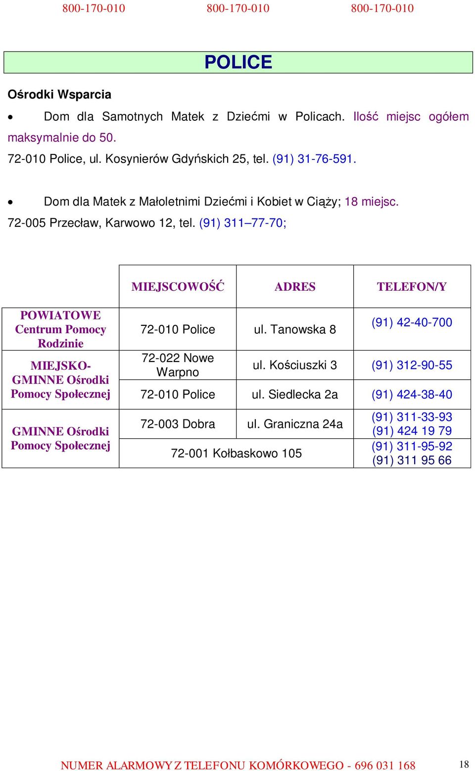 (91) 311 77-70; 72-010 Police ul. Tanowska 8 72-022 Nowe Warpno (91) 42-40-700 ul. Kościuszki 3 (91) 312-90-55 72-010 Police ul.