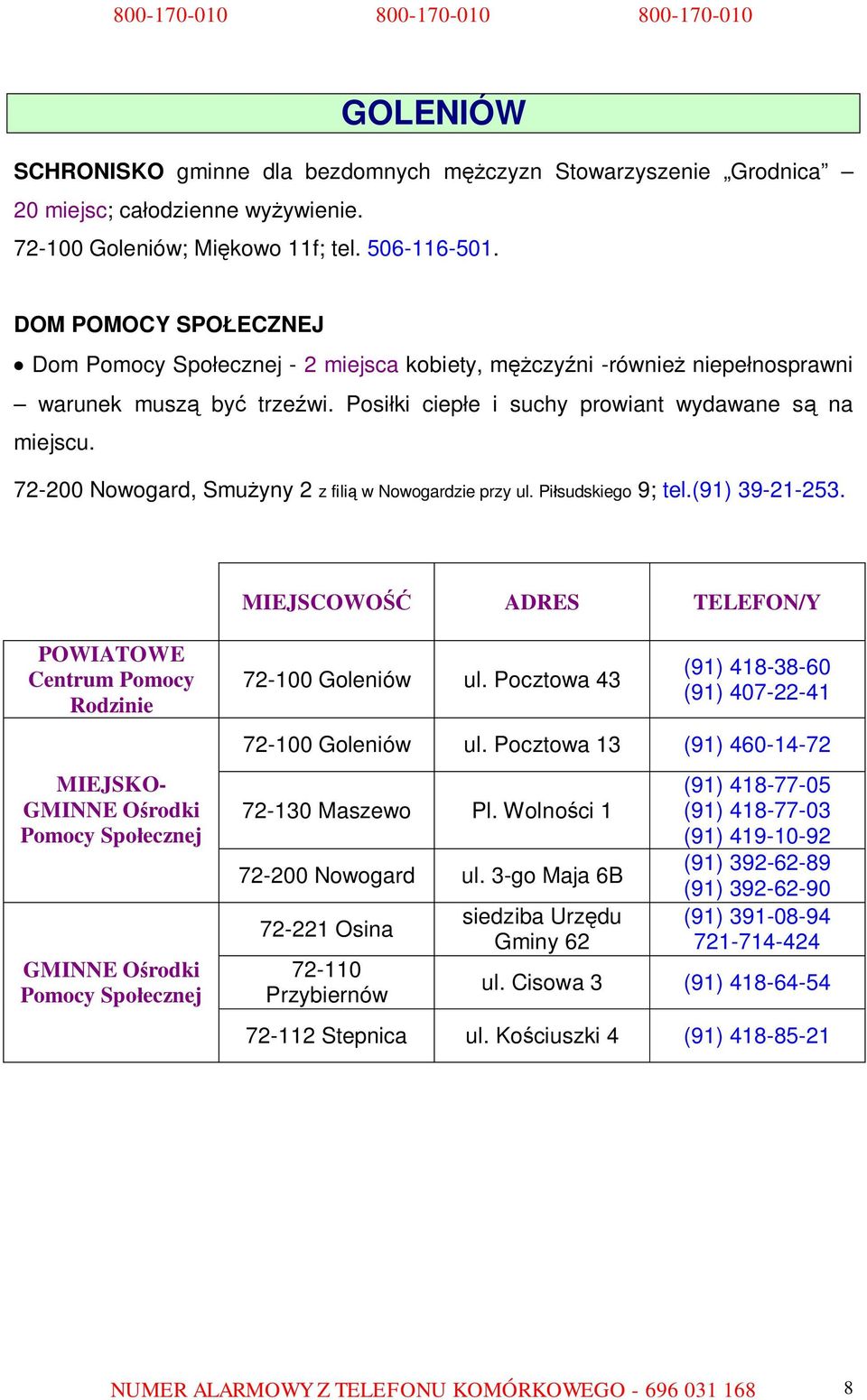 72-200 Nowogard, Smużyny 2 z filią w Nowogardzie przy ul. Piłsudskiego 9; tel.(91) 39-21-253. 72-100 Goleniów ul. Pocztowa 43 (91) 418-38-60 (91) 407-22-41 72-100 Goleniów ul.