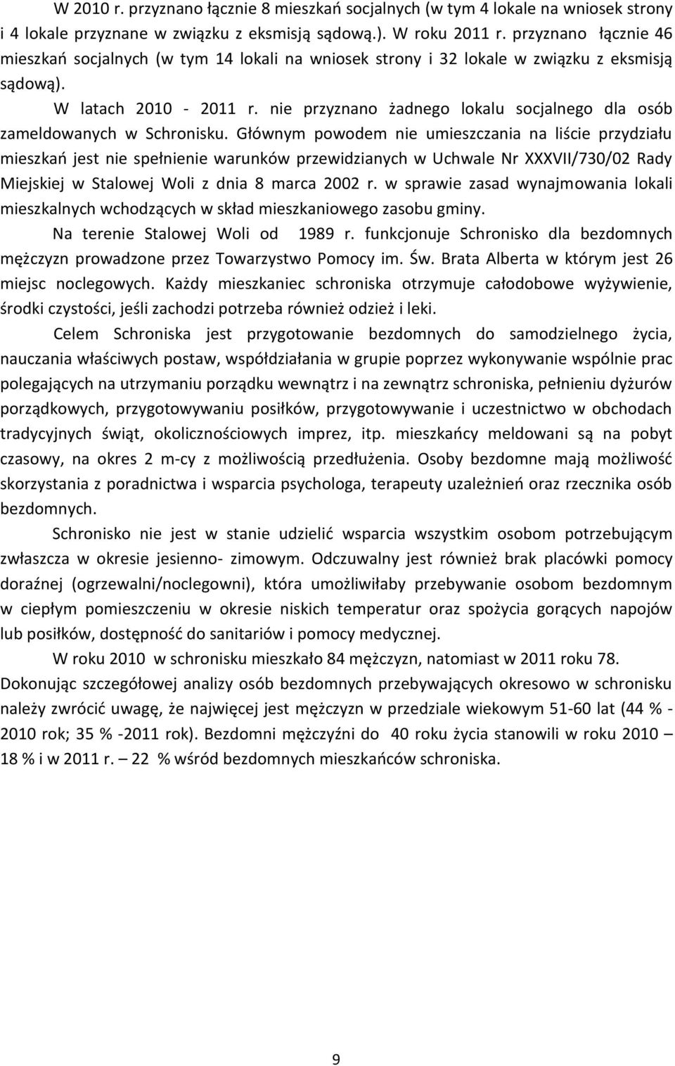 nie przyznano żadnego lokalu socjalnego dla osób zameldowanych w Schronisku.