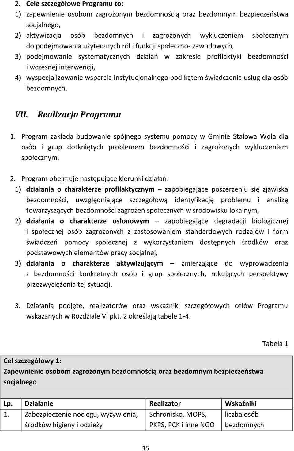 instytucjonalnego pod kątem świadczenia usług dla osób bezdomnych. VII. Realizacja Programu 1.