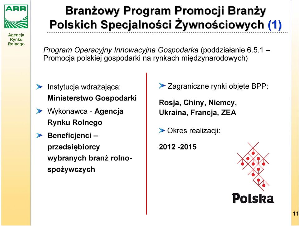 1 Promocja polskiej gospodarki na rynkach międzynarodowych) Instytucja wdrażająca: Ministerstwo Gospodarki