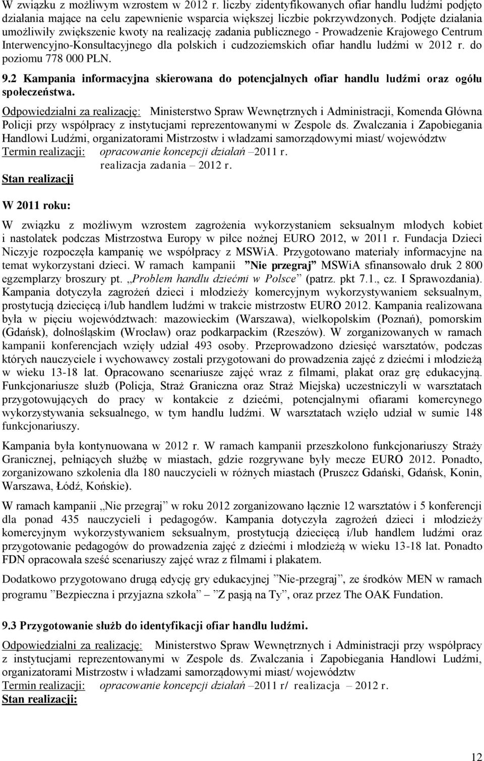 r. do poziomu 778 000 PLN. 9.2 Kampania informacyjna skierowana do potencjalnych ofiar handlu ludźmi oraz ogółu społeczeństwa.