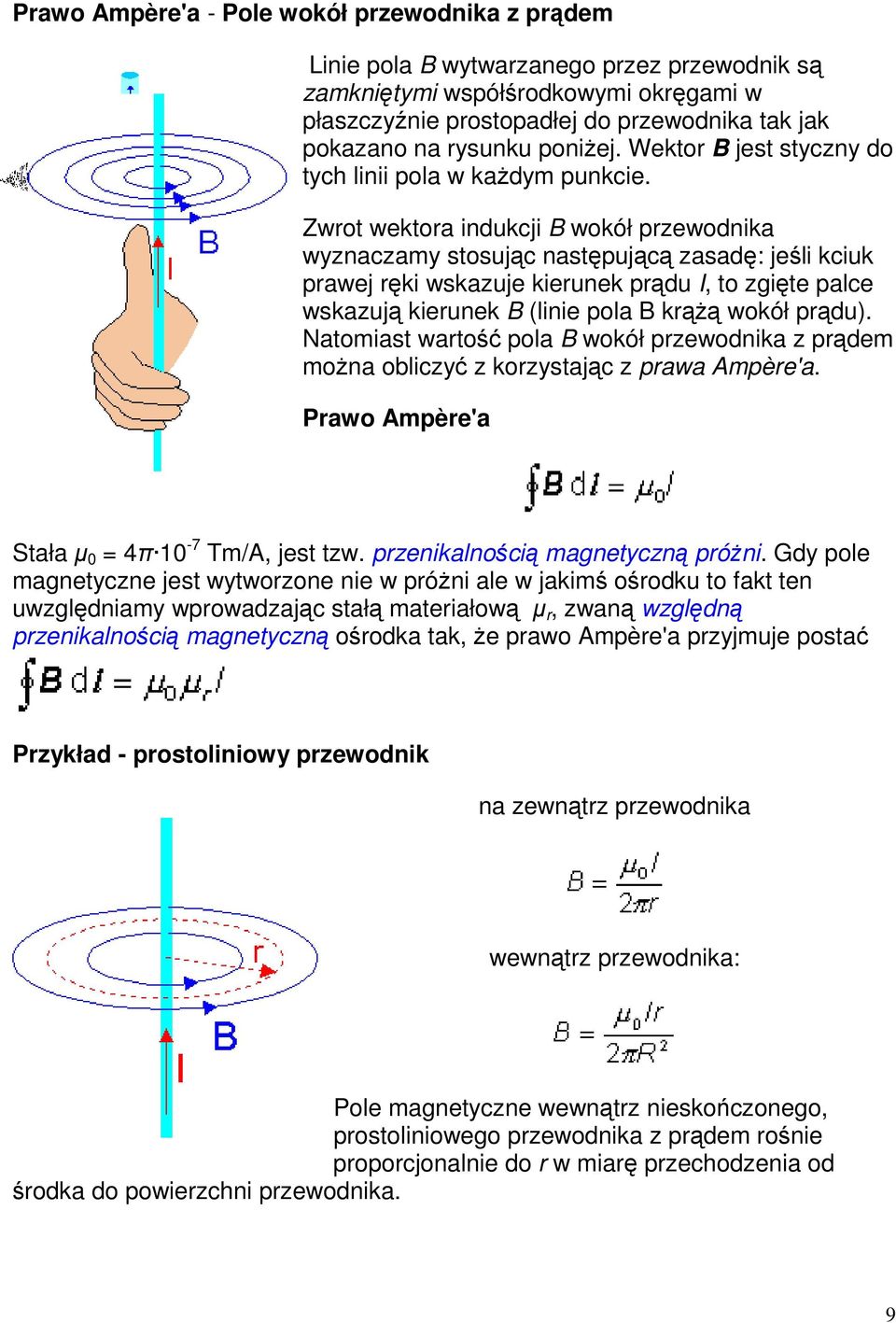 Zwrot wektora indukcji B wokół przewodnika wyznaczamy stosując następującą zasadę: jeśli kciuk prawej ręki wskazuje kierunek prądu I, to zgięte palce wskazują kierunek B (linie pola B krążą wokół