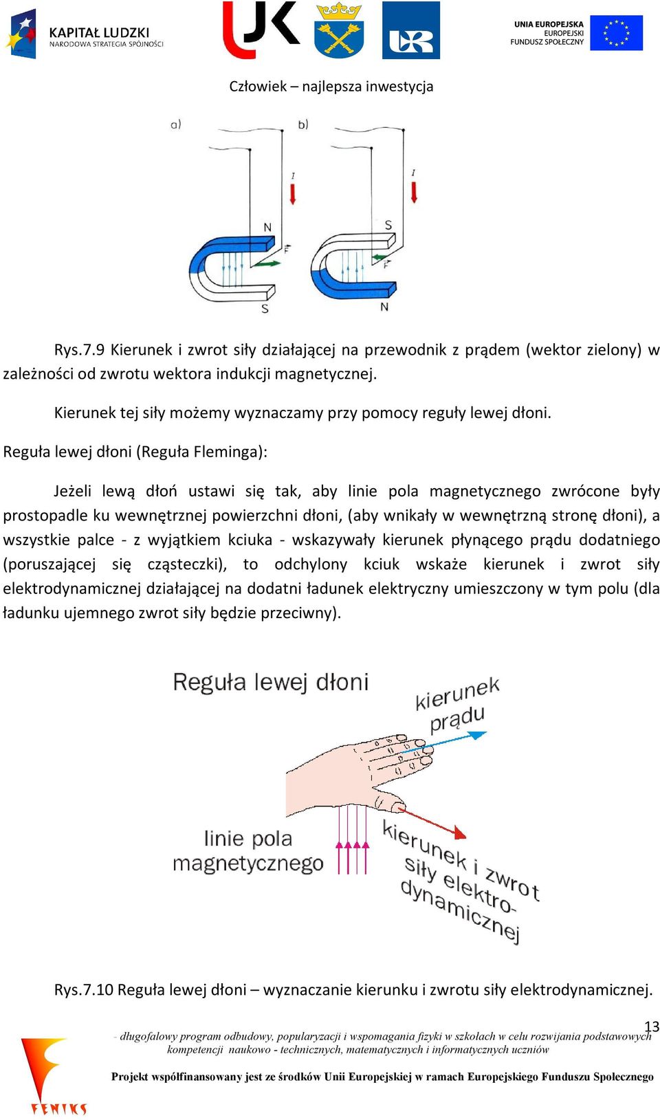 Reguła lewej dłoni (Reguła Fleminga): Jeżeli lewą dłoń ustawi się tak, aby linie pola magnetycznego zwrócone były prostopadle ku wewnętrznej powierzchni dłoni, (aby wnikały w wewnętrzną stronę