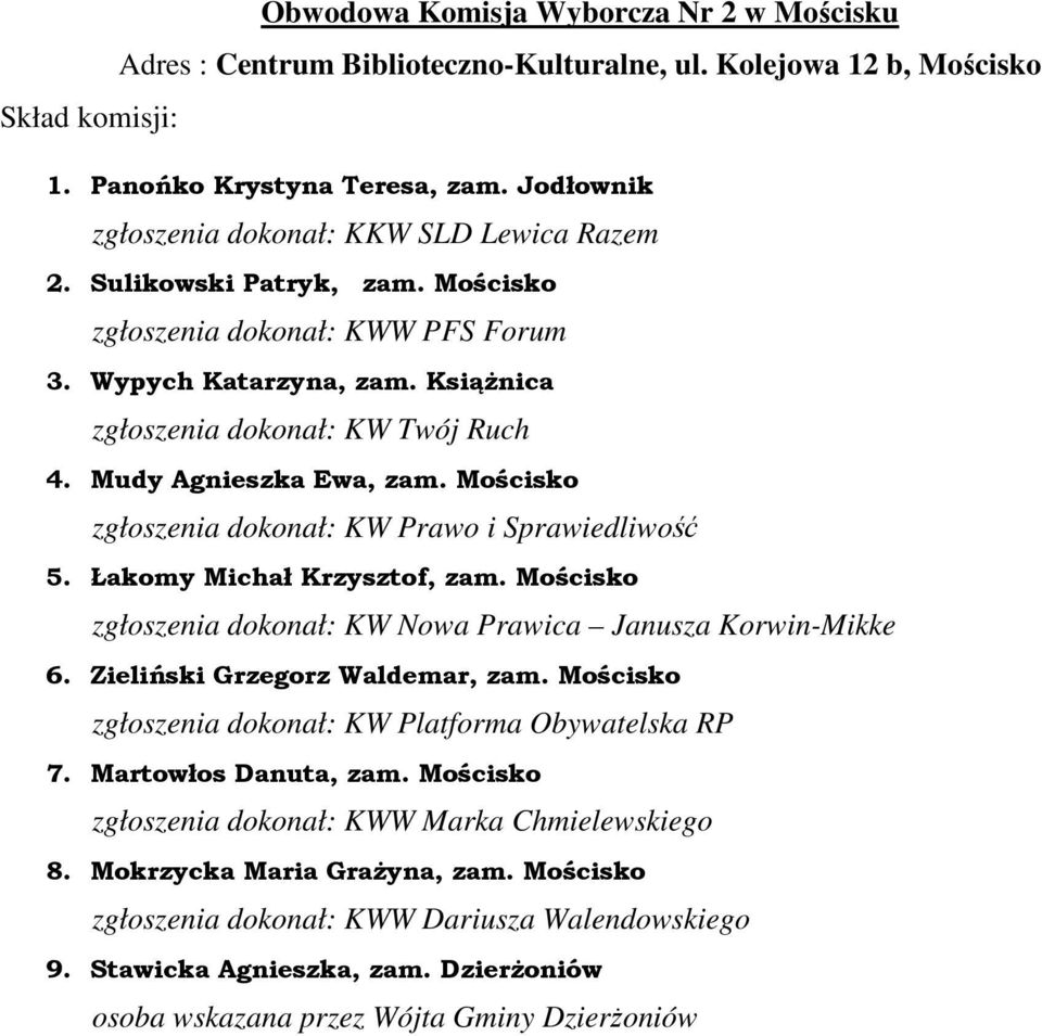 Mościsko zgłoszenia dokonał: KW Prawo i Sprawiedliwość 5. Łakomy Michał Krzysztof, zam.
