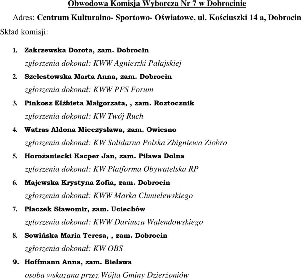 Szelestowska Marta Anna, zam. Dobrocin 3. Pinkosz Elżbieta Małgorzata,, zam. Roztocznik 4. Watras Aldona Mieczysława, zam. Owiesno 5.