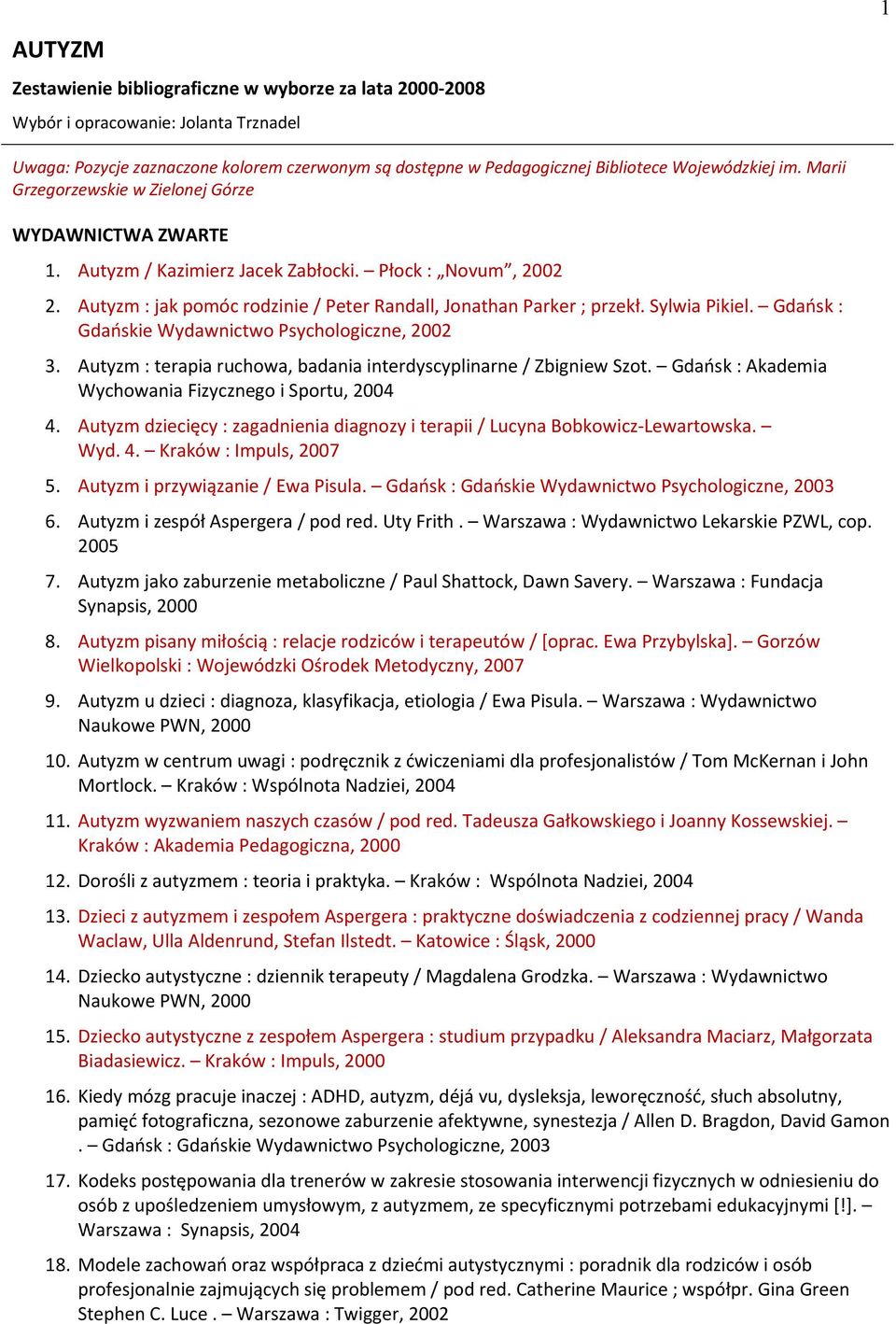 Sylwia Pikiel. Gdańsk : Gdańskie Wydawnictwo Psychologiczne, 2002 3. Autyzm : terapia ruchowa, badania interdyscyplinarne / Zbigniew Szot. Gdańsk : Akademia Wychowania Fizycznego i Sportu, 2004 4.