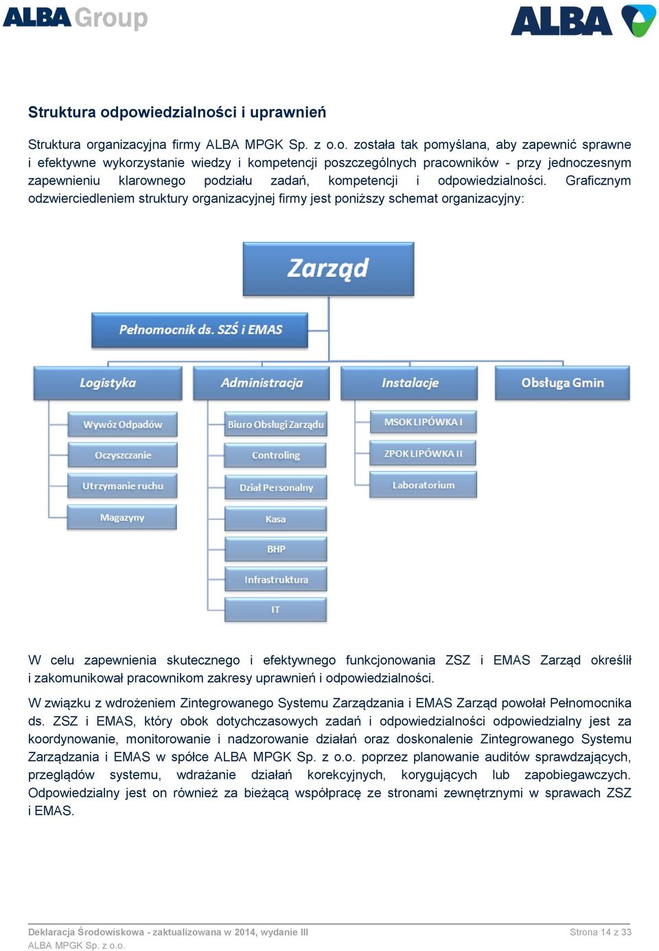 Graficznym odzwierciedleniem struktury organizacyjnej firmy jest poniższy schemat organizacyjny: W celu zapewnienia skutecznego i efektywnego funkcjonowania ZSZ i EMAS Zarząd określił i zakomunikował